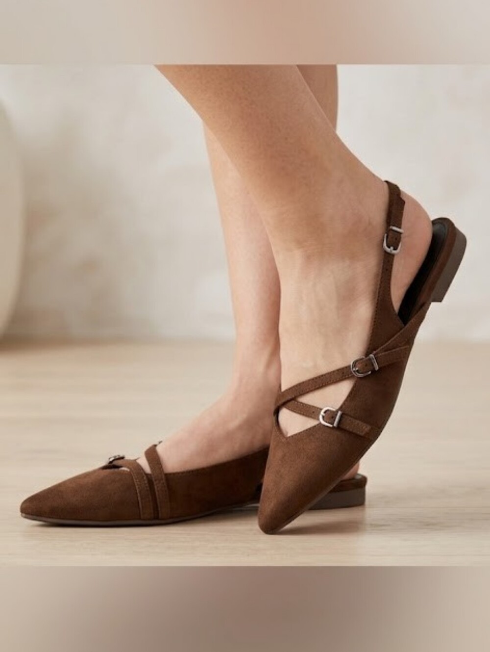 Time and Tru Brown Suede Pointed-Toe Slingback Flats